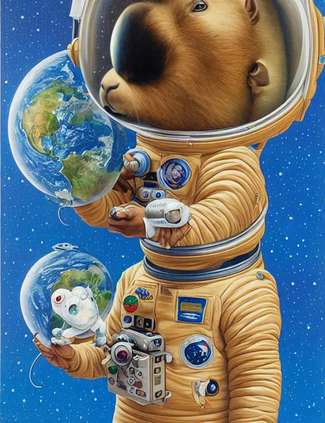 Prompt: beautiful detailed and adorable portrait of a capybara astronaut in a spacesuit floating above earth by casey weldon by mark ryden by thomas blackshear, super cute, new contemporary, pop surrealism, oil painting