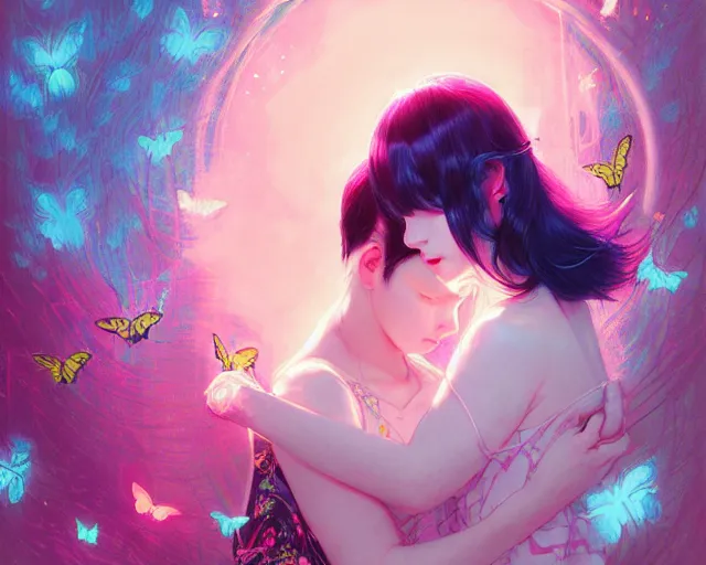 Prompt: harmony of butterfly, mute, neon light language, ( black haired yoongi back hugging pink haired jimin crying ) by wlop, james jean, victo ngai, beautifully lit, muted colors, highly detailed, fantasy art by craig mullins, thomas kinkade