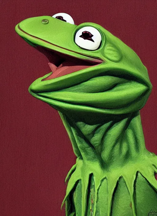 Image similar to portrait of Kermit the frog from The Exorcist (1973), intricate, highly detailed, centered, digital painting, artstation, concept art, smooth, sharp focus, decayed, illustration, artgerm, donato giancola, Joseph Christian Leyendecker, WLOP, Artgerm