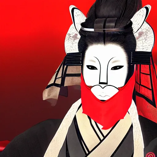 Prompt: geisha wearing a kitsune mask by Hiroaki Samura, red highlights,epic illumination, unreal engine, detailed