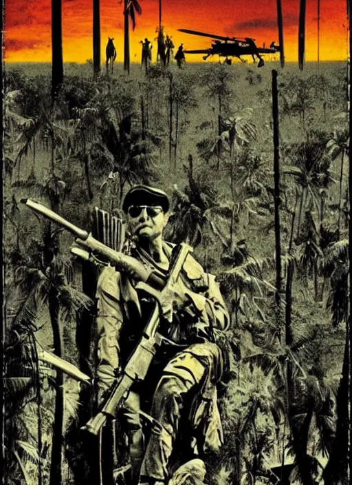 Image similar to new poster creative art for apocalypse now, martin sheen, vietnam war, soldier, river, trees, helicopters