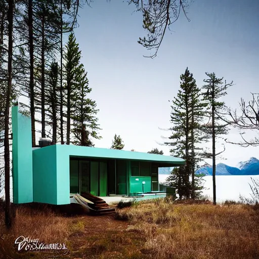 Image similar to wes anderson style modern futuristic house near the lake, snowy mountains and green forest, cinematic, realism, photo, detailed