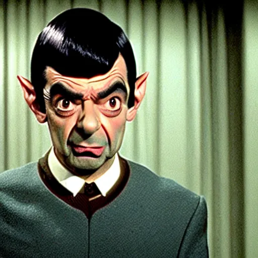 Image similar to Movie still of Mr. Bean as Spock from Star Trek, direct gaze