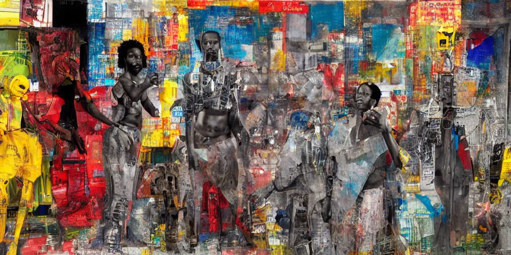 Image similar to robot in Ajegunle slum of Lagos conversing with African Jesus Christ about beauty under a large UFO beaming a neon ray, painting by Robert Rauschenberg,