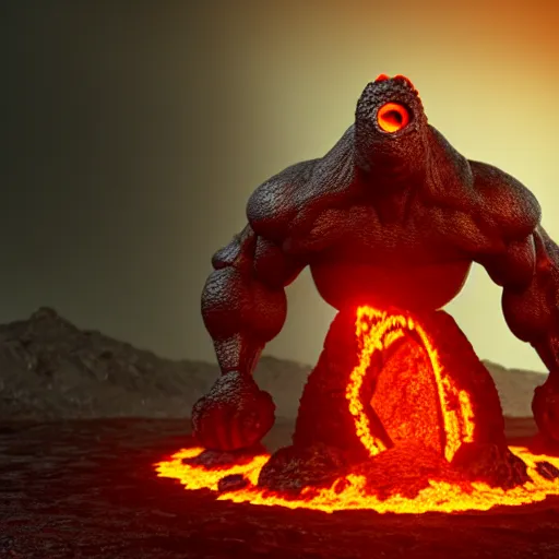 Image similar to a large, muscular, standing, humanoid, lava rock, magma, fire golem creature, burning eyes, exaggerated perspective, unreal engine, 3 5 mm