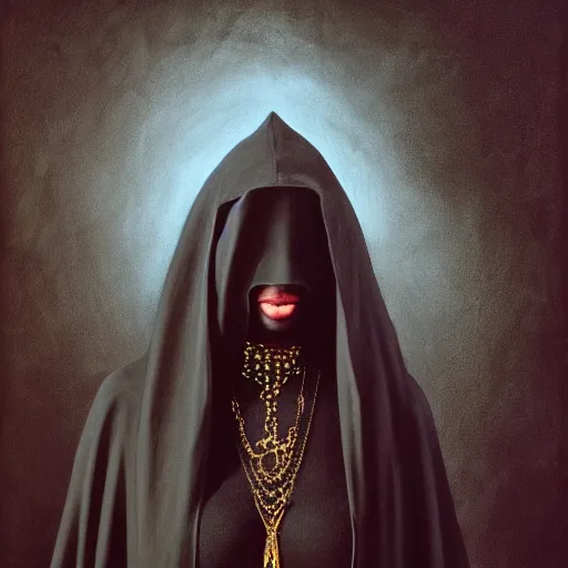 Image similar to a portrait of a young black woman wearing a long dark cloak, hood and shadows covering face, holding golden chains, oil painting, matte painting, black background, Volumetric Golden dappled dynamic lighting, Highly Detailed, Cinematic Lighting, Unreal Engine, 8k, HD, by Beksinski