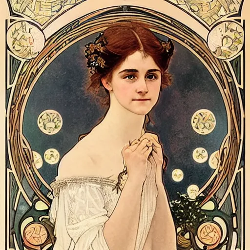 Prompt: a detailed, intricate art nouveau portrait poster of a young bride who resembles a teenage saoirse ronan and emma watson in a white bridal gown, in a garden of fireflies and glowing lanterns at night, by alphonse mucha, and john william waterhouse