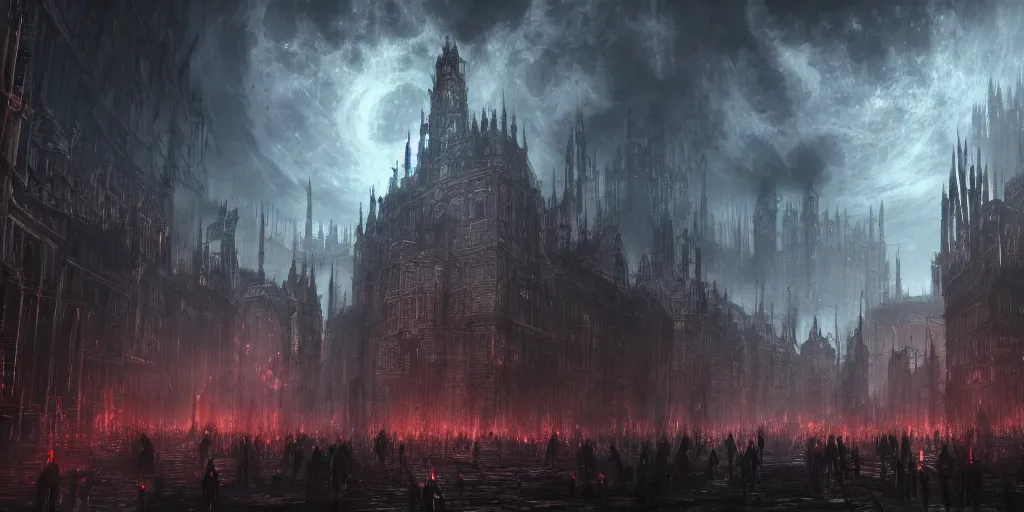 Image similar to a huge crowded megacity in the style of bloodborne, dark souls, demon souls, gothic art, dark fantasy, concept art, digital painting, volumetric lighting, trending on art station, night time, moon light, god rays, highly detailed