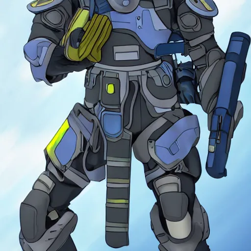 Image similar to a futuristic soldier captain with a metal visor and a blue shoulderpad in anime style