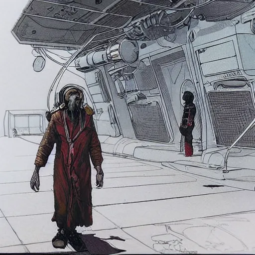 Prompt: Beggar priest with cyberpunk headset in busy spaceport on luna 5 colony. Concept art by James Gurney and Mœbius.