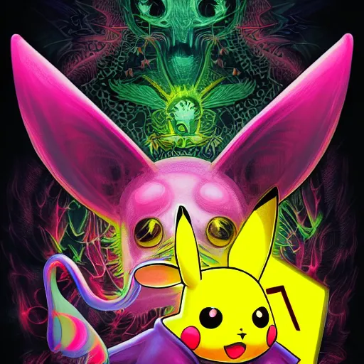 Prompt: a detailed painting of a baphomet poorly disguised as Pikachu by Junji ito and Lisa frank, mobius, giger, escher, neon color scheme, artstation,8k,artstationHD,artstationHQ, cinematic, diffuse lighting