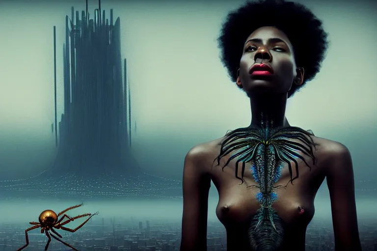 Image similar to realistic detailed photorealistic portrait movie shot of a beautiful black woman with a giant spider, dystopian city landscape background by denis villeneuve, amano, yves tanguy, alphonse mucha, ernst haeckel, david lynch, edward robert hughes, roger dean, cyber necklace, rich moody colours, cyber patterns, wide angle