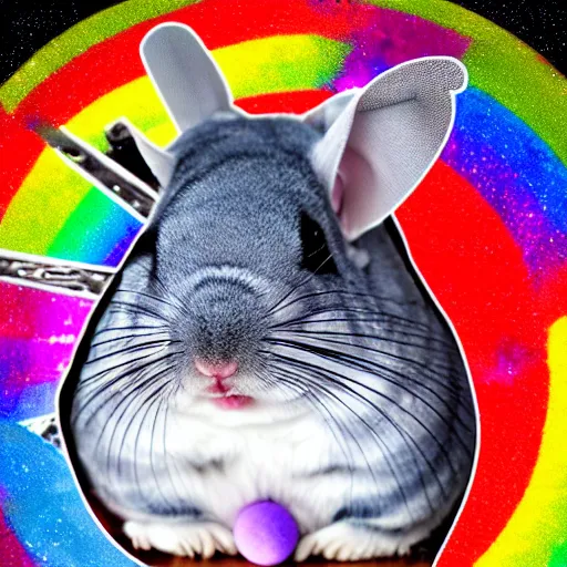 Image similar to chinchilla with mean look in space with galaxy in background, rainbow jellybeans under chinchilla's tail