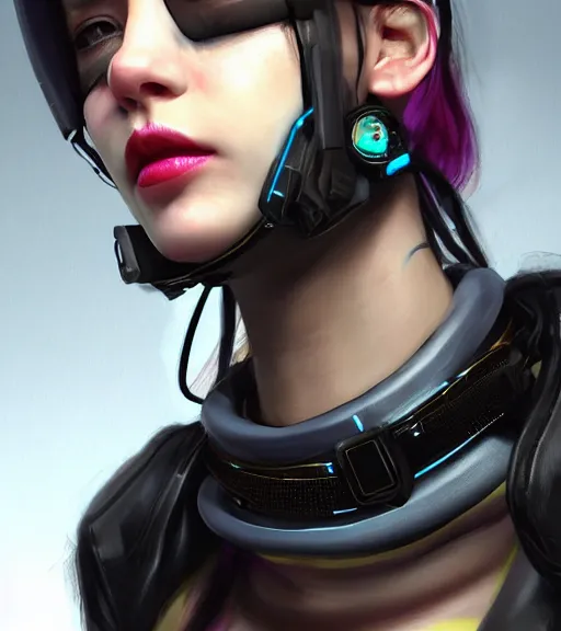 Image similar to detailed realistic female character cyberpunk wearing thick technological collar around neck, realistic, art, beautiful, 4K, collar, choker, collar around neck, punk, artstation, detailed, female, woman, choker, cyberpunk, neon, punk, collar, choker, collar around neck, thick collar, tight around neck, punk,