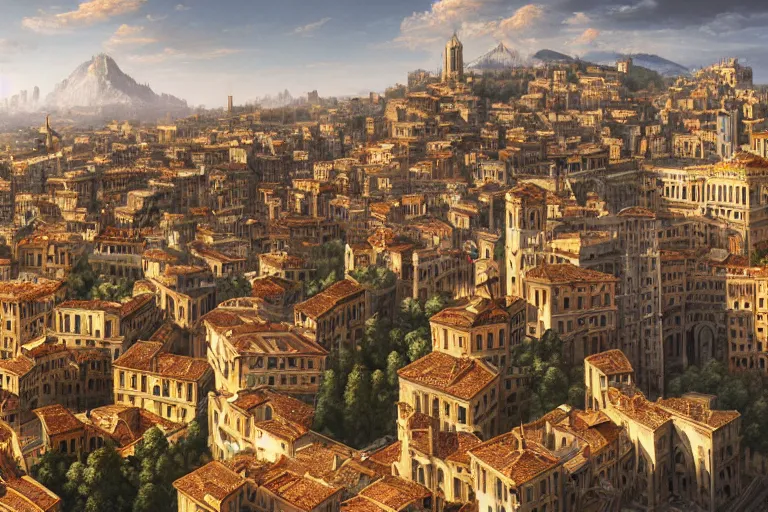 Image similar to an ultra detailed matte landscape painting of an italian renaissance capital city built on top of a large hill with many tall spirally towers, sweeping vista, italian renaissance architecture, ultrawide lens, aerial photography, 8 k, volumetric lighting, smooth, highly detailed, digital illustration, art by greg rutkowski and akira toriyama and artgerm