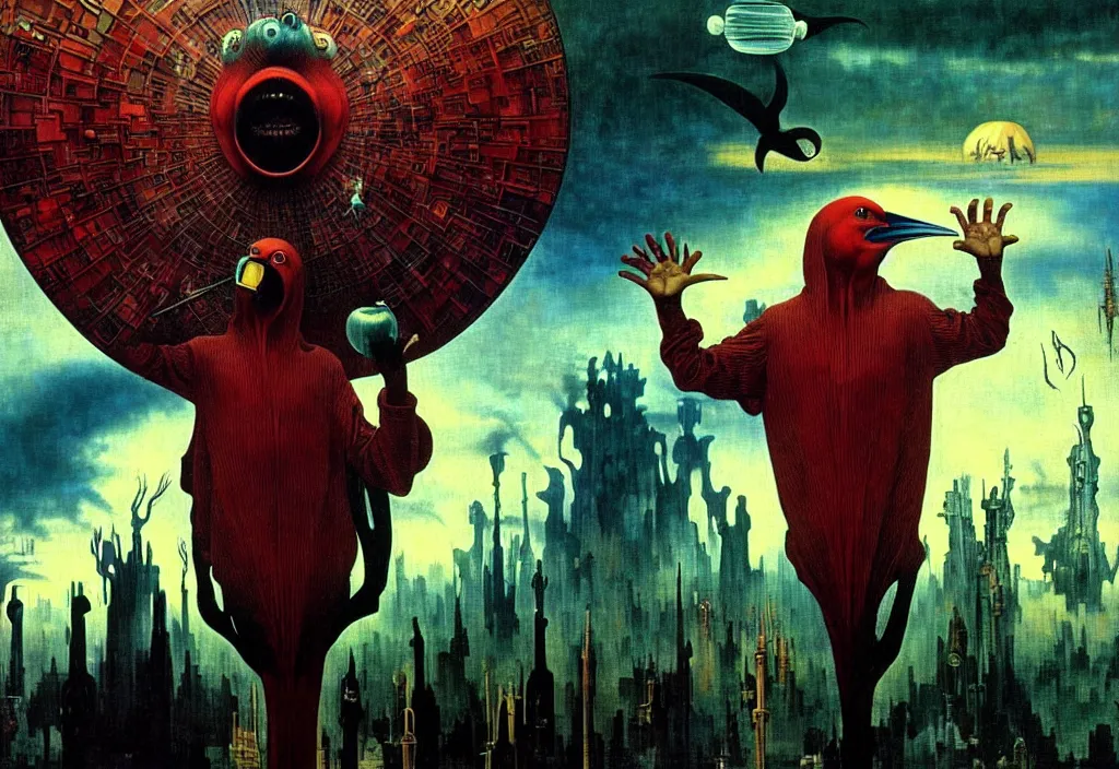 Prompt: realistic detailed portrait movie shot of a screaming birdman wearing black robes, sci fi city landscape background by denis villeneuve, amano, yves tanguy, alphonse mucha, ernst haeckel, max ernst, roger dean, hieronymus bosch, masterpiece, rich moody colours, dog teeth, blue eyes