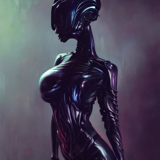 Prompt: full body aliens cyber punk sexy gothic girl, expressive oil painting, by yoshitaka amano, by greg rutkowski, by jeremy lipking, by artgerm,, h e giger, digital art, octane render