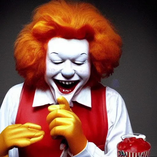 Image similar to ! dream ronald mcdonald crying hysterical tears of laughter in your face