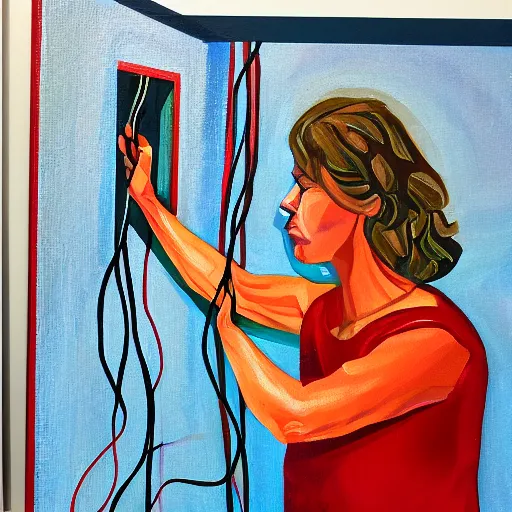 Image similar to woman building electrical wiring, soft lighting, acrylic on canvas