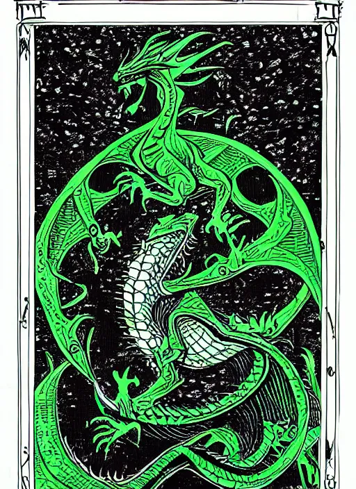 Prompt: tarot card of a dragon, meaning confidence and riches in the future, modern design, digital art, stylish, black and green, sharp inks