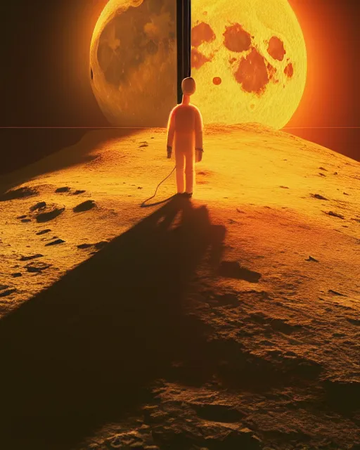 Prompt: a common person standing in front of a glowing open door that's on the moon, poster art by mike winkelmann, trending on cg society, space art, sci - fi, ue 5, futuristic, volumetric lighting
