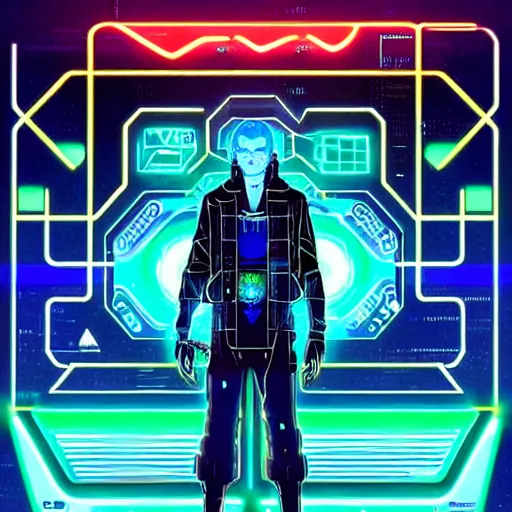 Prompt: a cyberpunk netrunner surrounded by a glowing computer interface, centered in the frame, cyberpunk concept art by Jean Giraud and josan gonzales, digital art, highly detailed, intricate, sci-fi, sharp focus, Trending on Artstation HQ, deviantart, 4K UHD image