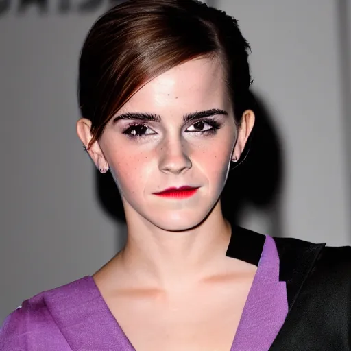 Image similar to Emma Watson with glowing purple eyes