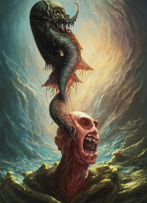 Prompt: portrait of a vampire!!!! with a sea lamprey!!!! mouth!!!, in the styles of ( national geographic ), jim warren, peter mohrbacher, gerald brom, and marc simonetti, intricate, hyperrealistic, volumetric lighting