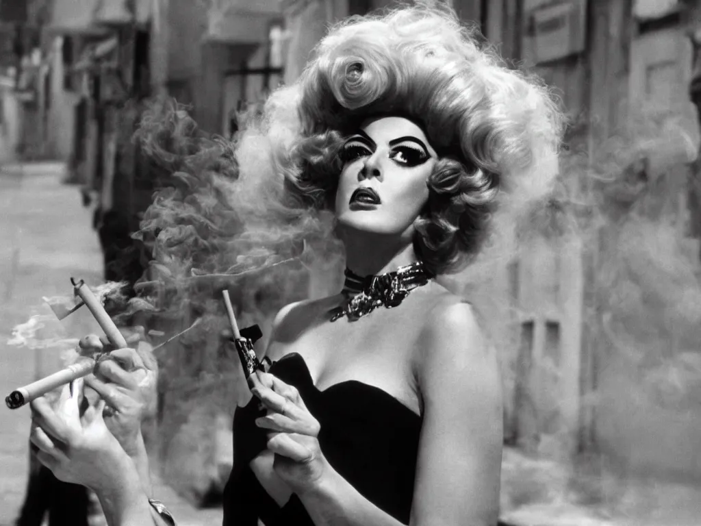 Image similar to Film still of a single glamorous drag queen with heavy makeup and a big wig smoking a cigarette in a Federico Fellini film, 8 1/2, la dolce vita, highly detailed, 8k, cinematic