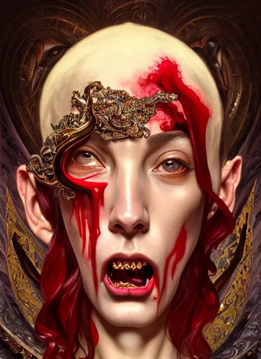 Prompt: incubus sticking out tongue with blood, realistic, surealism, lavish, steep, aesthetic, extravagant, shiny, fantasy, intricate, elegant, extremely higly detailed, digital painting, artstation, ornate, grotesque, baroque, concept art, by artgerm and greg rutkowski and alphonse mucha, joongwon charles jeong and diego fazio