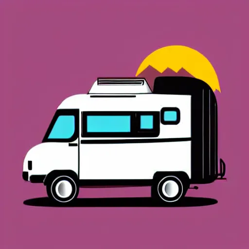 Image similar to a white and black cute thor chateau! motorhome camper!!, highway, mountains and sunset!!, very happy, colorful minimal vector art sticker by tom whalen