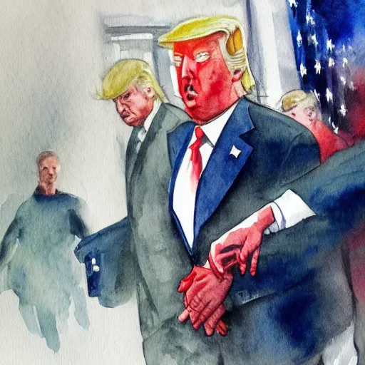 Prompt: donald trump being escorted out of his mansion in handcuffs by the fbi. watercolor