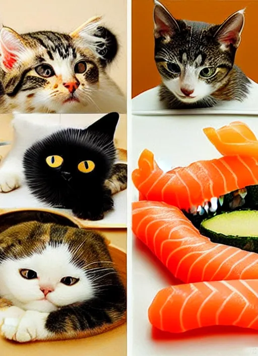 Image similar to clear photorealistic picture of adorable cats made out of sushi