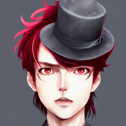 Image similar to semi realistic anime illustration of black top hat wearing red haired man, with beautiful hyperdetailed eyes, facing camera directly, full face portrait made by Stanley Artgerm, WLOP, Rossdraws, James Jean Andrei Riabovitchev, Marc Simonetti, Yoshitaka Amano, Artstation