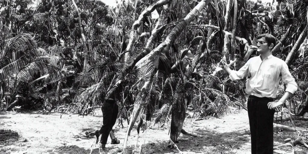 Image similar to bbc tv presenter louis theroux interviewing men cutting down extremely large kauri trees. great barrier island, 1 9 3 0 s tv show. beach with large boulders in background. nikau palms.