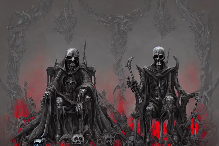 Prompt: Grim reaper sitting on a throne made of skulls, wide shot, digital art, fantasy, concept art, highly detailed, dark colors, red tint,