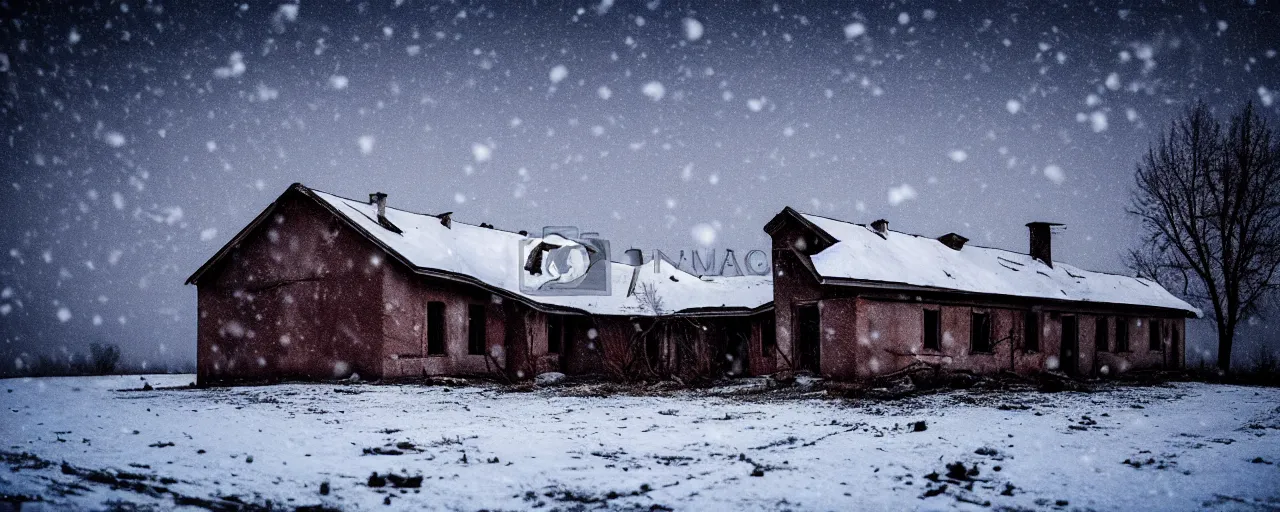 Prompt: landscape, soviet military, abandoned lifeless house, dark winter evening, snowing, atmospheric, mystical, very detailed 4 k