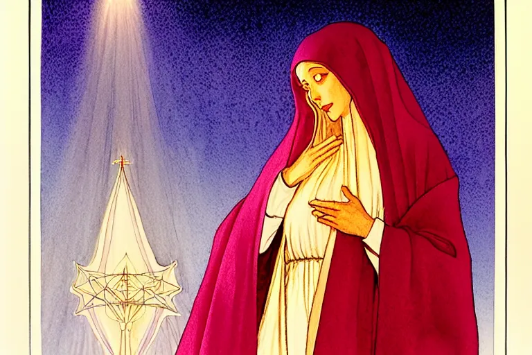 Image similar to a hyperrealist watercolour character concept art portrait of the virgin mary on well lit misty night in las vegas, nevada. sacred geometry lines faint in the background. roses adorn. by rebecca guay, michael kaluta, charles vess and jean moebius giraud