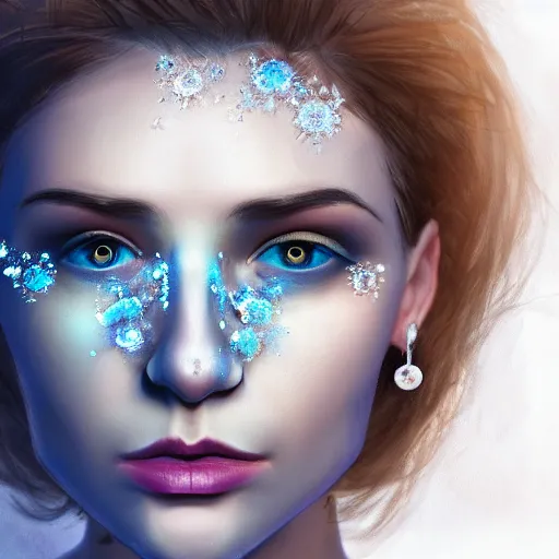 Image similar to ice face fractal jewellery portrait of a woman, inspired by mandy jurgens, fractal crown, light make up, 4 k, high detailed, illustration