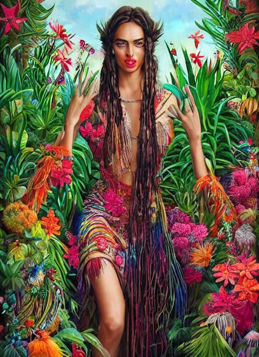 Image similar to beautiful portrait of Irina Shayk wearing fantastic Hand-dyed cotton dress,embellished beaded feather decorative fringe knots ,colorful pigtail,subtropical flowers and plants,symmetrical face,intricate,elegant,highly detailed,8k,digital painting,trending on pinterest,harper's bazaar,concept art, sharp focus, illustration, by artgerm,Tom Bagshaw,Lawrence Alma-Tadema,greg rutkowski,alphonse Mucha