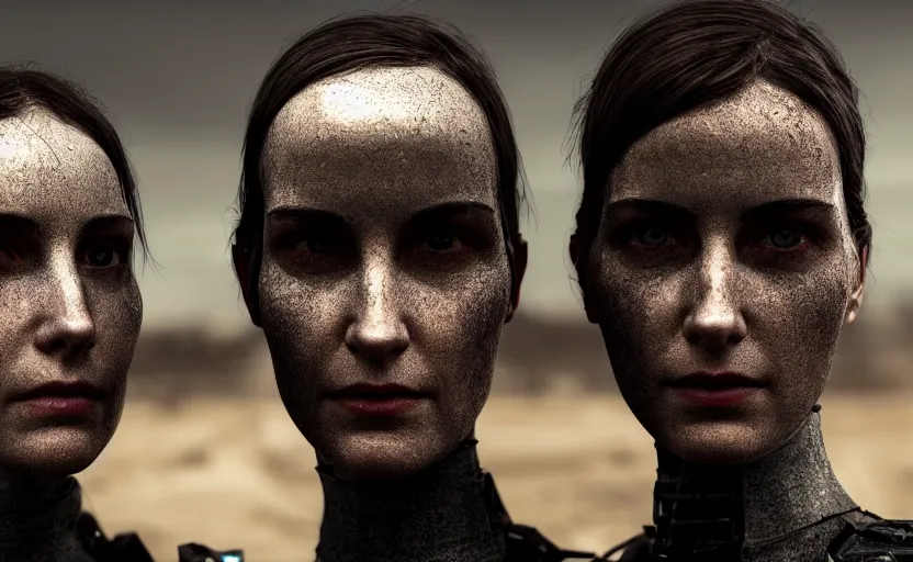 Image similar to octane render photographic portrait by helen levitt of two loving female androids wearing rugged black mesh techwear on a desolate plain, extreme closeup, modern cyberpunk, dust storm, 8 k, hd, high resolution, 3 5 mm, f / 3 2, ultra realistic faces, trending on artstation, ex machina