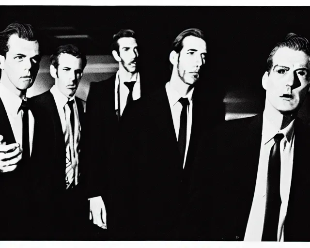 Image similar to 1 3 mm film, liminal, unsettling, group of tall men in suits, thunderstorm