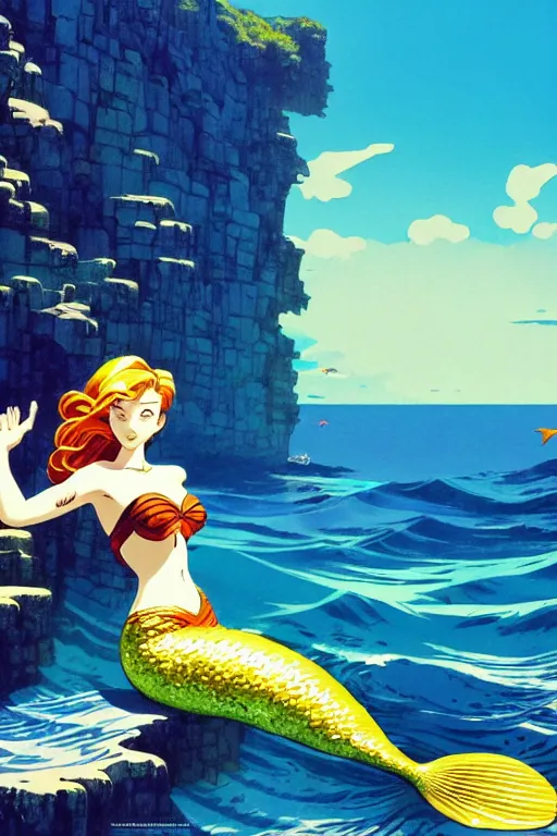 Image similar to mermaid, above the sea, sunny day, scenery wallpaper aesthetic, beautiful, cinematic, dramatic, super detailed and intricate, hyper realistic, 4 k render, by hiroshi yoshida, by darwyn cooke, by kentaro miura, by koson ohara,