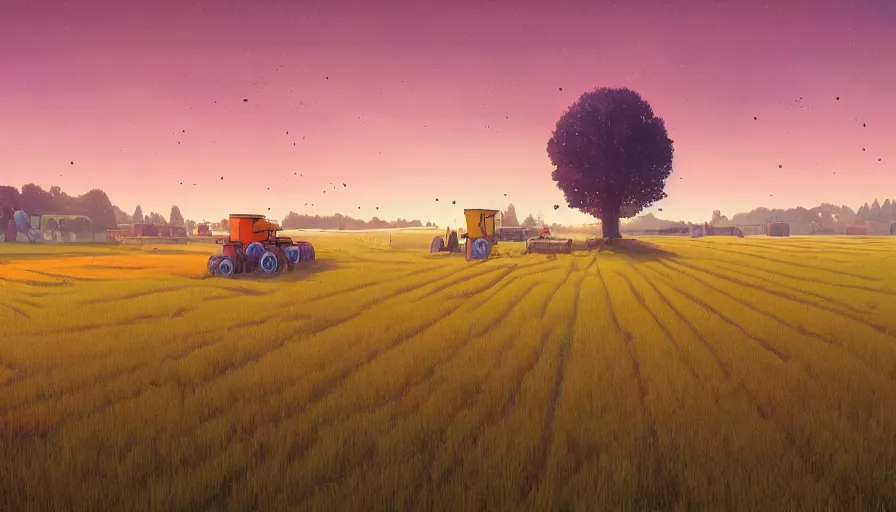 Prompt: colourful sky, wheat field, harvesting machines, big tree, matte painting, art station, digital art, simon stalenhag