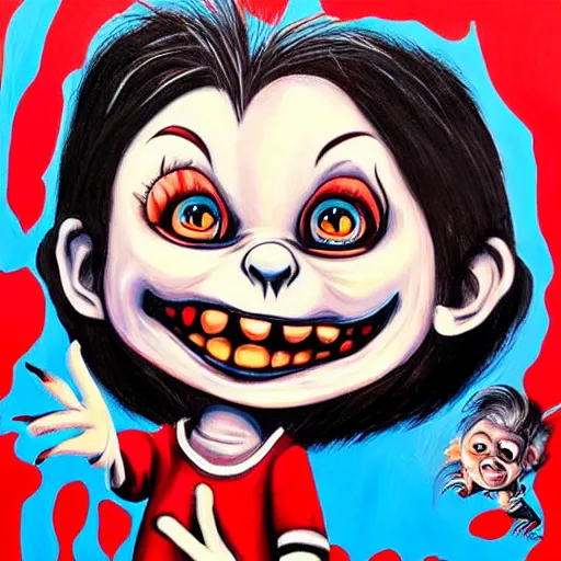 Prompt: painting of chucky by jeremiah ketner and dr seuss | horror themed | creepy