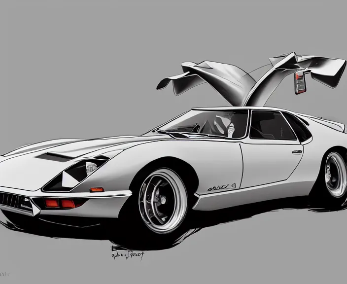 Image similar to a blending, amalgamation and detailed combination of a lamborghini countach, datsun 2 6 0 z and a jaguar e - type, concept art, very round headlights, long front end, 8 k, highly detailed, trending on art station, dramatic lighting