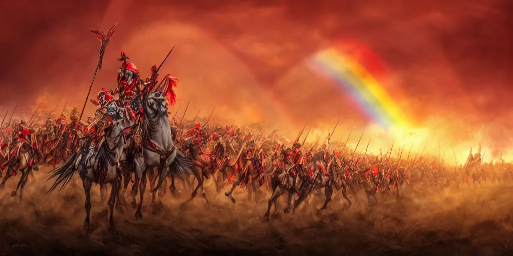 Image similar to Majestic powerfull red white Winged Hussars cavalry horde charging at ugly rainbow demons and trolls on ground, huge golden cross above them on the sky, white red eagle helping hussars, blood, snow, wide angle, professional kodak lenses, magic, fire, face painting, dramatic lighting, intricate, wild, highly detailed, digital painting, artstation, concept art, smooth, sharp focus, illustration, art by artgerm and greg rutkowski and alphonse mucha, footage from space camera