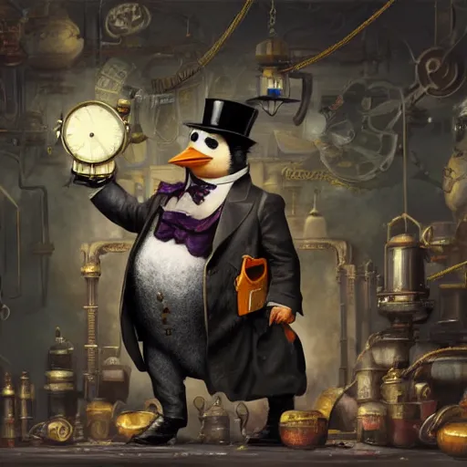 Image similar to oil painting of rich steampunk penguin, wearing top hat, steampunk factory background, hamster running in the background, sharp focus, fantasy style, octane render, volumetric lighting, 8k high definition, by greg rutkowski, highly detailed, trending on art Station, magic the gathering artwork, centered