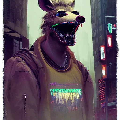 Image similar to new york city portrait of furry anthro anthropomorphic spotted hyena head animal person fursona wearing clothes strange cybernetic muzzle gloomy rainy screenshot from the video game cyberpunk 2077 digital art by Greg Rutkowski, Simon Stalenhag, christopher nolan trending on Artstation, CGSociety