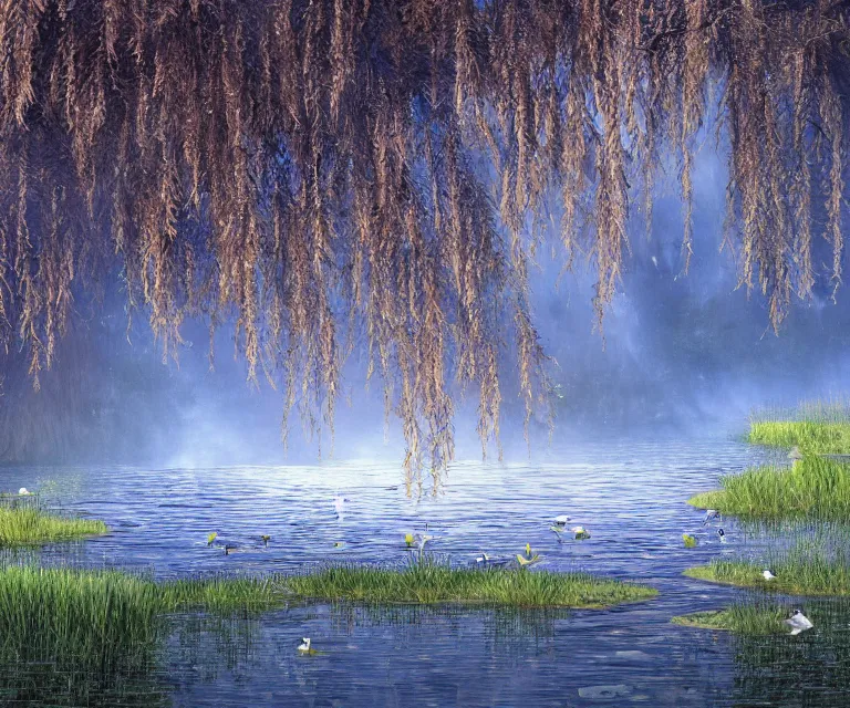 Image similar to a majestic blue heron in shallow river, waterfalls in distance, left border beautiful willow, right border cherry blosom trees, lily pads bullrushes marsh clouds, golden hour intricate luminescent matte painting, highly detailed, artstation